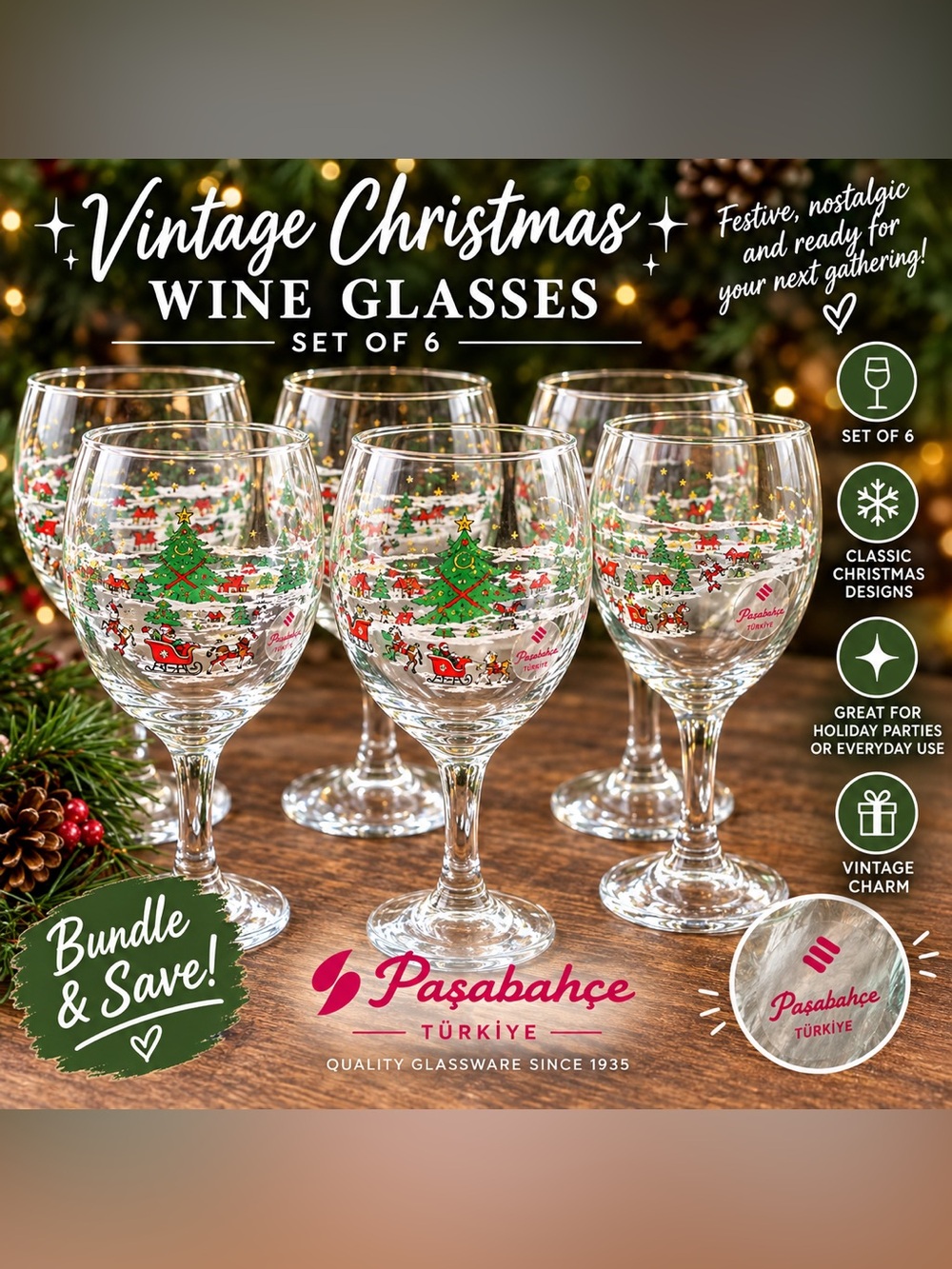 🎄 Vtg Pasabahce Turkey Christmas Sleigh Snow Scene Wine Glasses Set 6